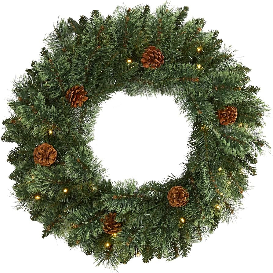 Nearly Natural 24in. White Mountain Pine Artificial Christmas Wreath with 35 LED Lights and Pinec... | Amazon (US)