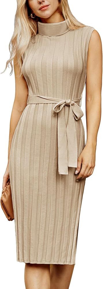 GRACE KARIN Women 2024 Fall Sweater Dress Ribbed Knit Sleeveless Turtleneck Side Slit Bodycon Midi Sweater Dresses | Amazon (US)