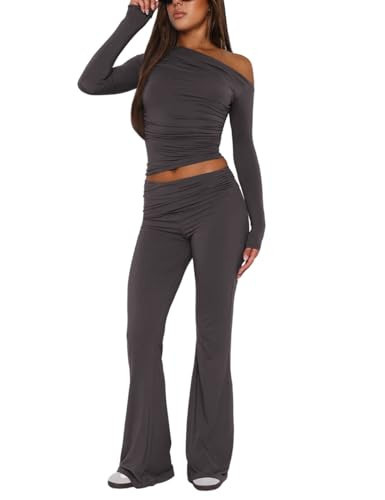 MAYFASEY Womens Two Piece Outfits with Slim Off the Shoulder Long Sleeve Cropped Top & Fold-over Flare Pants Tracksuit Set Streetwear Dark Gray L | Amazon (US)