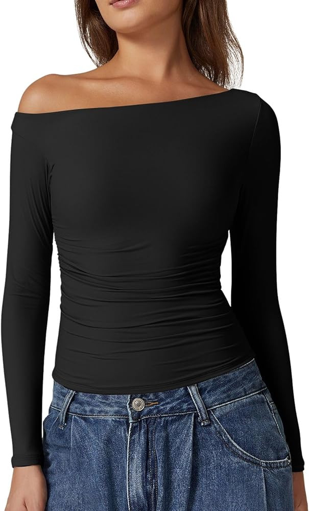 QINSEN Women's Sexy Off Shoulder Shirt Long Sleeve Double Lined Tops Side Ruched Fitted Tees | Amazon (US)