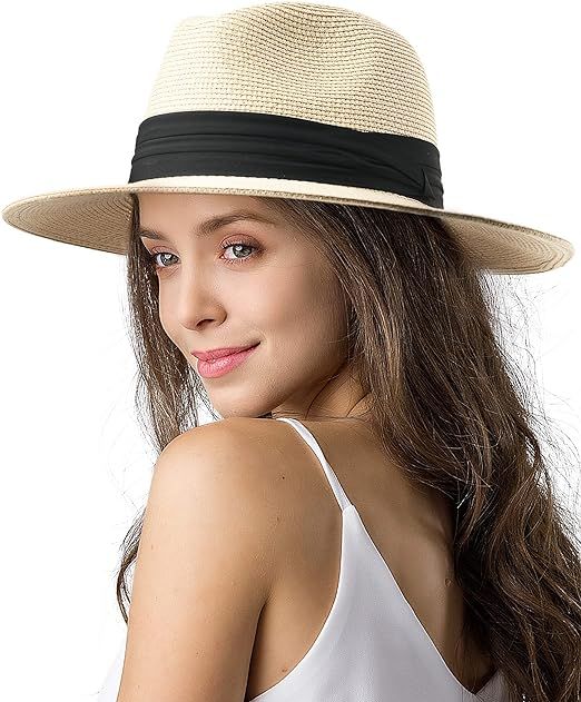 Womens Mens Wide Brim Straw Panama Hat Fedora Summer Beach Sun Hat UPF Straw Hat for Women | Amazon (US)