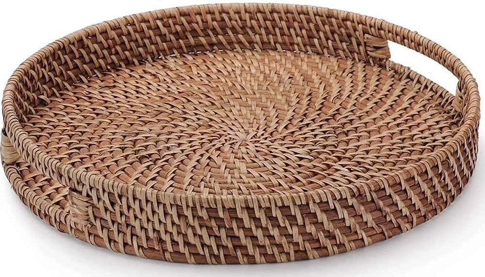 16.9 inch Rattan Tray, Round Wicker Tray with Cut-Out Handles, Woven Serving Tray for Dining/Coff... | Amazon (US)