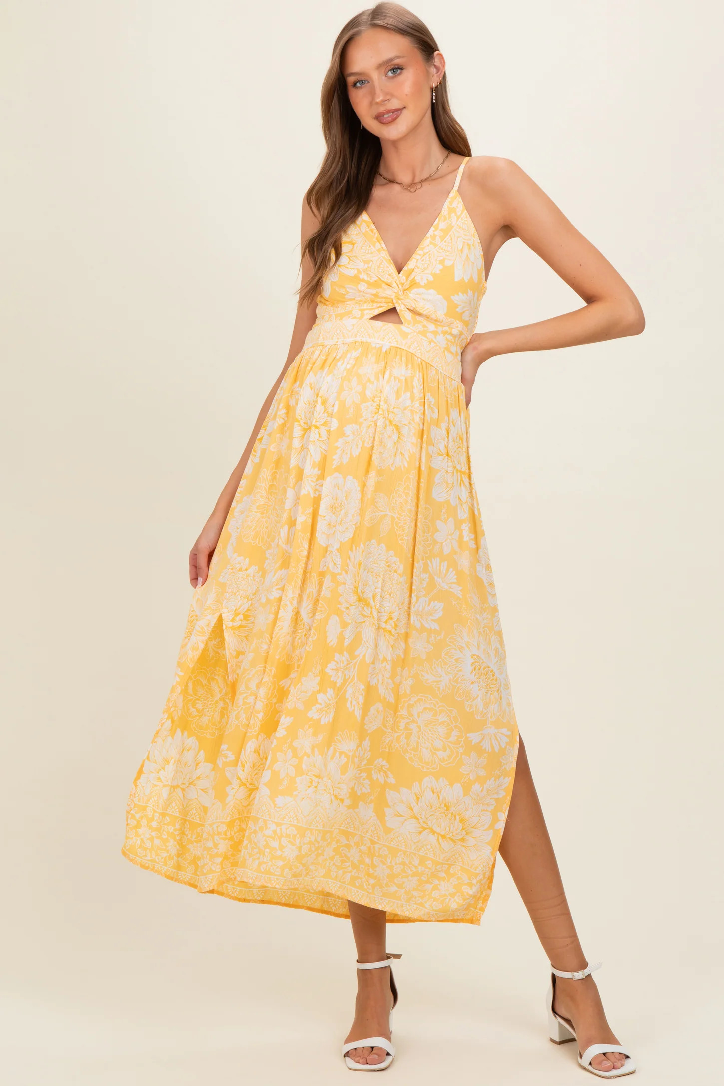 Yellow Floral Twisted Front Maternity Maxi Dress | PinkBlush Maternity