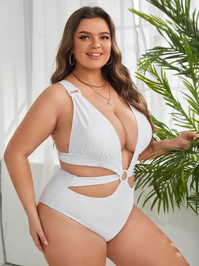 Plus Plain Ring Linked One Piece Swimsuit | SHEIN