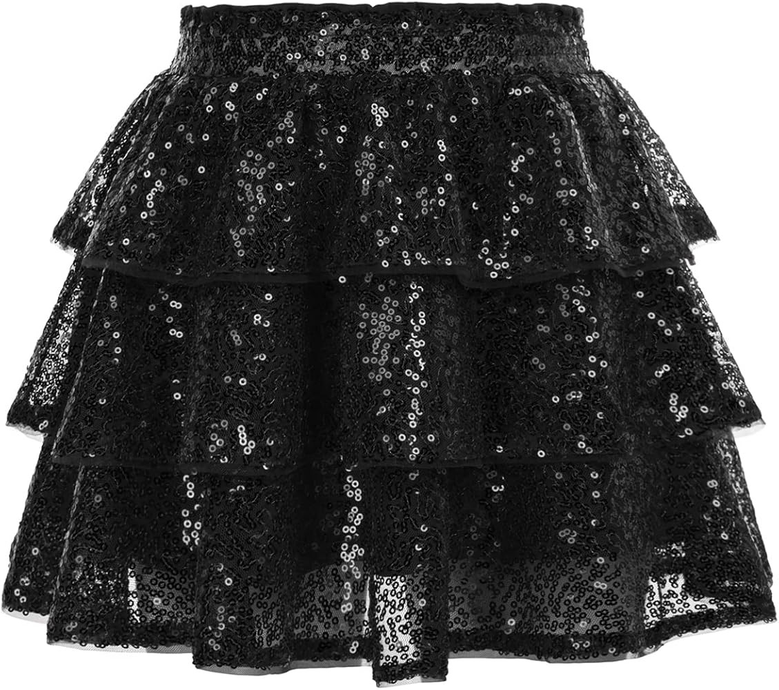 GRACE KARIN Girls Ruffle Skirt Elastic Waist Sequin Skirt for Party | Amazon (US)