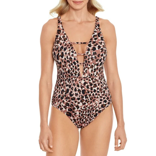 Time and Tru Women's Chocolate Leopard With Cut Out One Piece Swimsuit | Walmart (US)