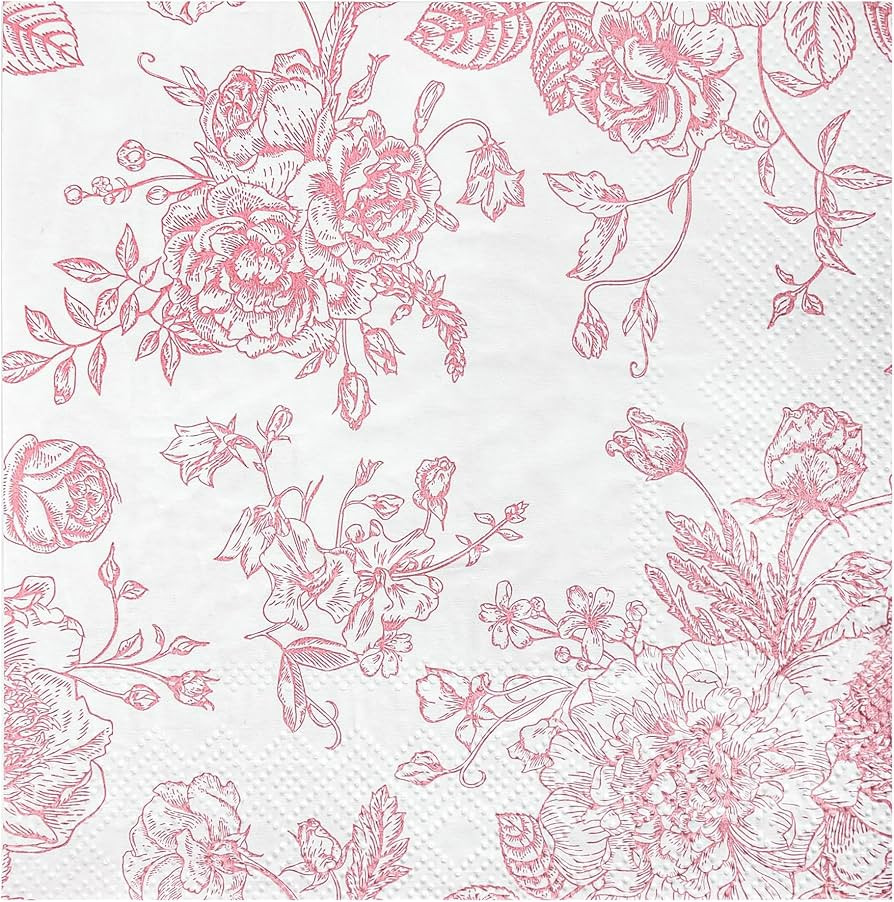 100 Floral Cocktail Napkins Pink and White Toile Paper Napkins Vintage Pink Flower Bouquet Dispos... | Amazon (US)