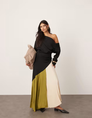 ASOS EDITION off-shoulder maxi dress with pleat detail in color block | ASOS (Global)