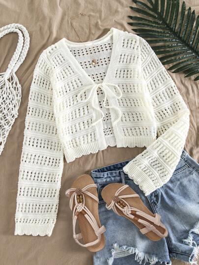 Travachic Women's Summer Casual White Solid Color Hollow Knitted Crop Cardigan, Long Sleeve Tops,... | SHEIN
