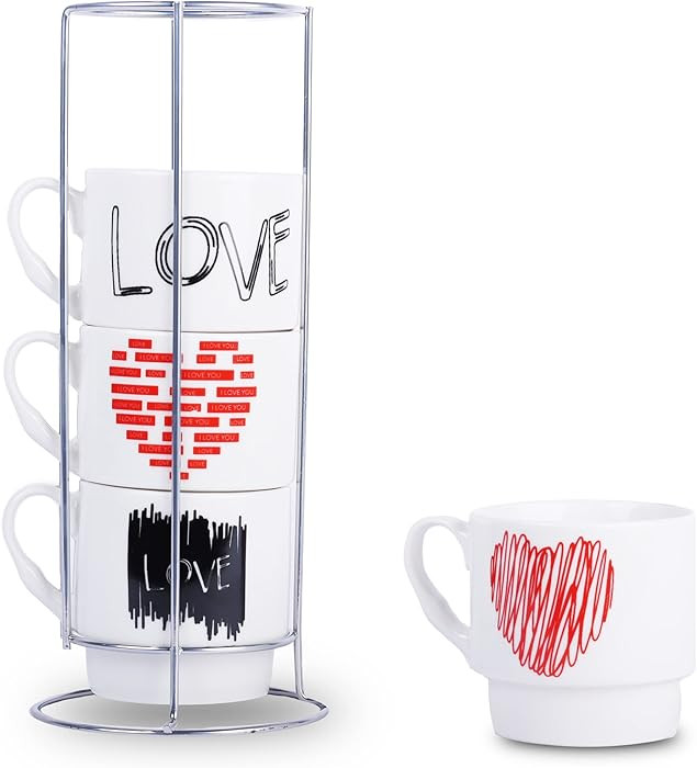 Servette Home Stackable 11 oz Coffee Cups With Stand Love Designs - Set of 4 | Amazon (US)