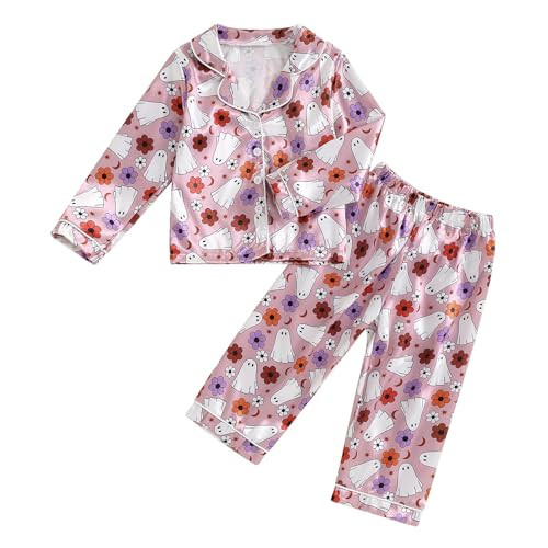 Kavousa Halloween Pjs Kids Toddler Baby Girl Silk Pumpkin Print Tops Pants Skeleton Spooky Pajamas Sleepwear Nightwear (Halloween pjs H, 5-6 Years) | Amazon (US)