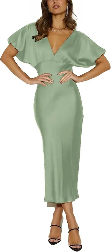 Satin V Neck Puffy Sleeves Silk Midi Dresses Empire Waist Elegant Tie Back Formal Cocktail Dress ... | Amazon (US)