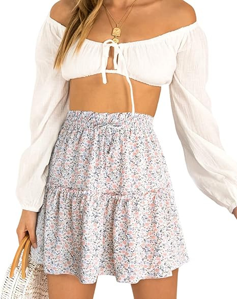Alelly Women's Summer Cute High Waist Ruffle Skirt Floral Print Swing Beach Mini Skirt | Amazon (US)