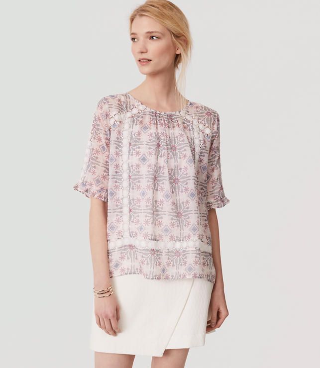 Floral Tile Ruffle Cuff Top | LOFT