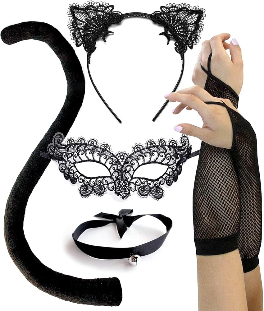 Black Cat Costume for Women, Halloween Masquerade Mask, Lace Ears, Gloves, Tail, Choker Necklace | Amazon (US)