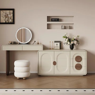 Cream Minimalist Extendable Corner Vanity Desk with Mirror and Stool | Wayfair North America