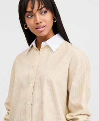 Bar III Women's Contrast-Collar Striped Shirt, Macy's Exclusive - Macy's | Macy's