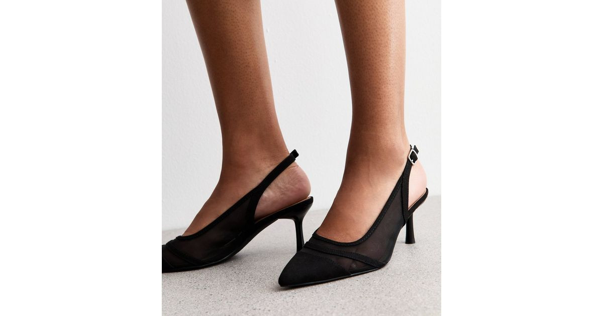 Black Mesh Contrast Trim Slingback Pumps | New Look | New Look (UK)