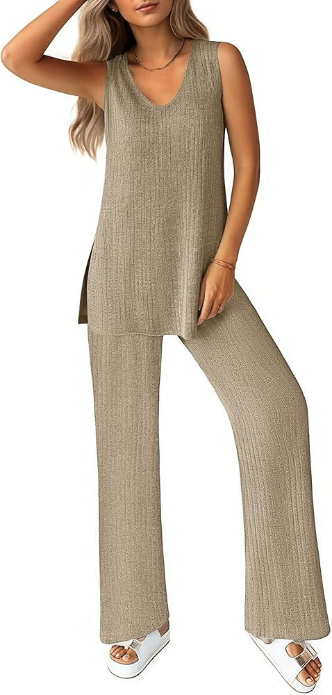 Ekouaer Women's 2 Piece Lounge Set 2025 Summer Matching Sets Sleeveless V-neck Tank Top Long Pant... | Amazon (US)