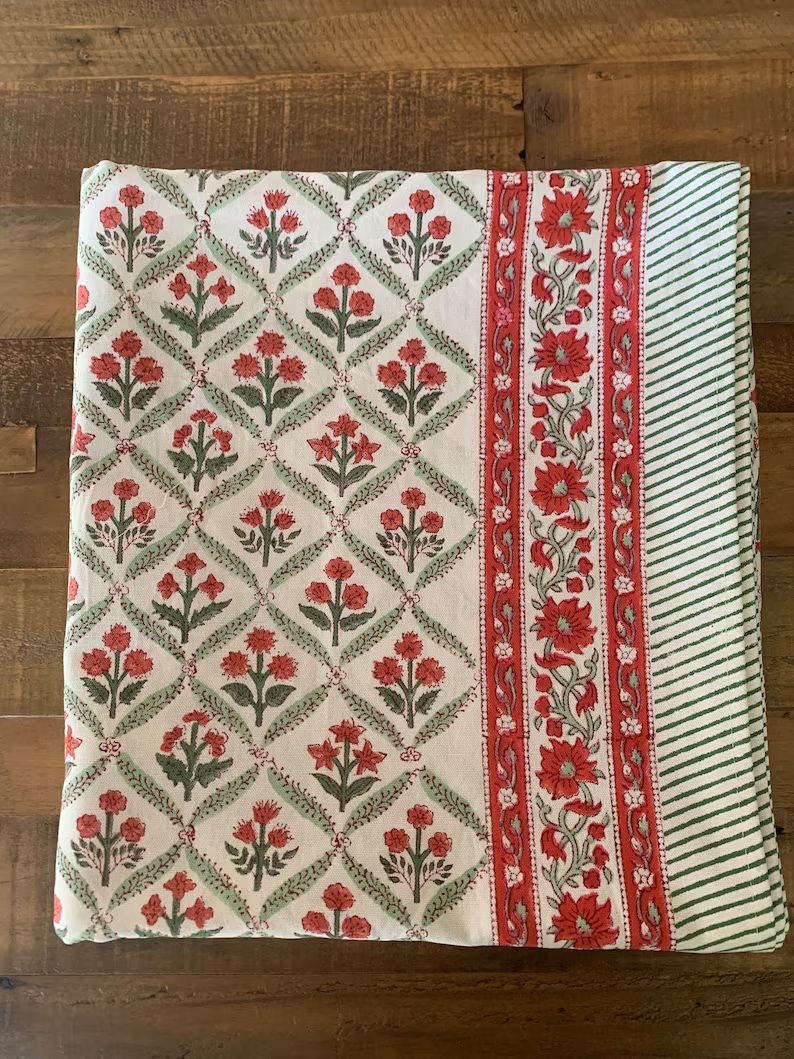 Holly and Cranberries Block Print Cotton Tablecloth - Etsy | Etsy (US)