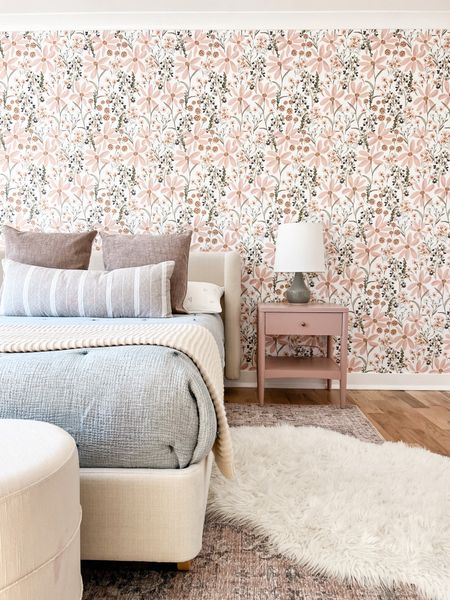 Happy little girls room! 

Peel and stick wallpaper, floral wallpaper, upholstered bed, pink bedside table, faux sheepskin rug, loloi rugs, crate & kids, bedding, Target 

#LTKfamily #LTKkids #LTKhome