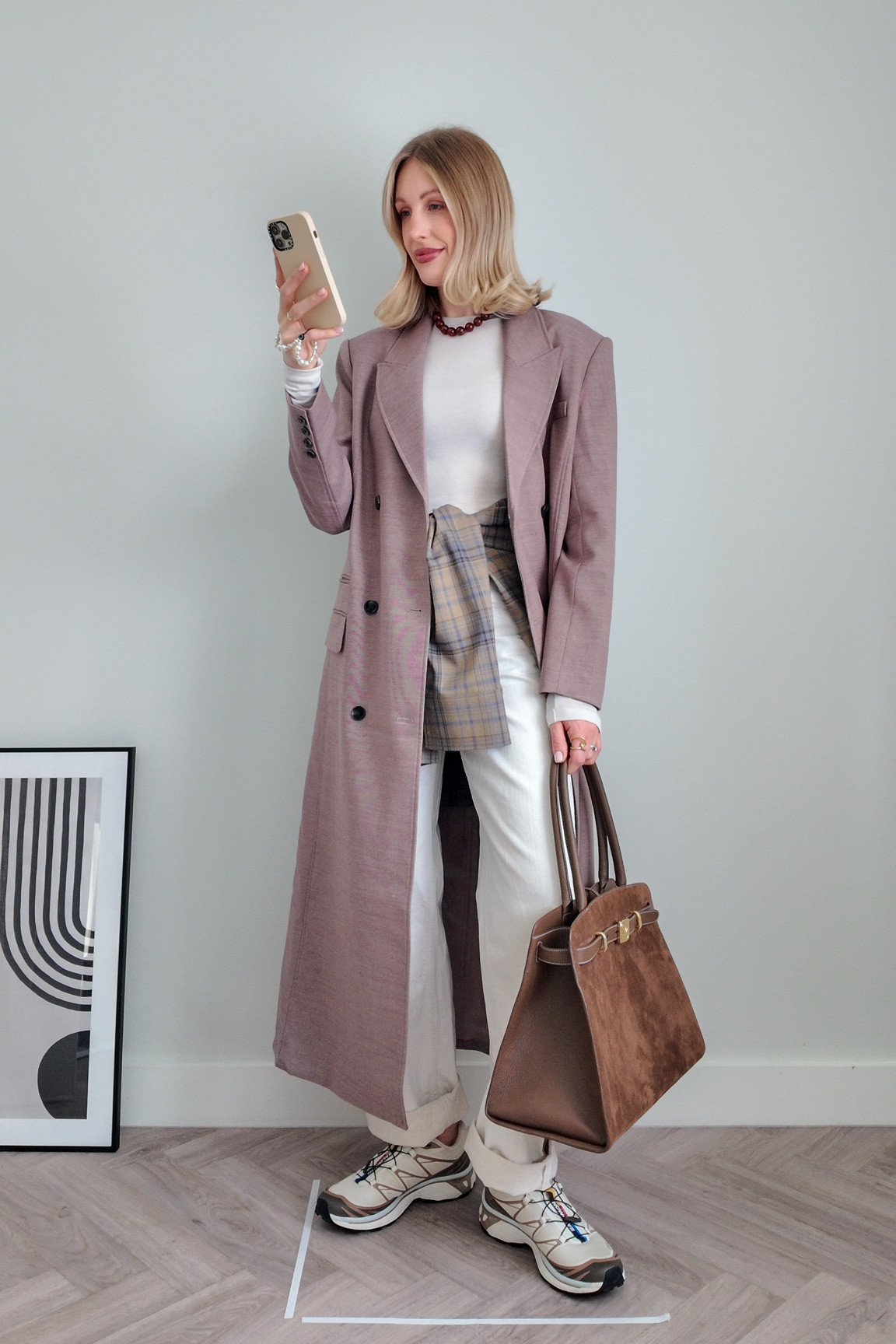 White jeans, long coat, Salomon xt6 trainers, checked shirt, suede bag, spring outfit, Karen Millen, skims fits everybody t-shirt

#LTKeurope #LTKFashionMonth #LTKspring