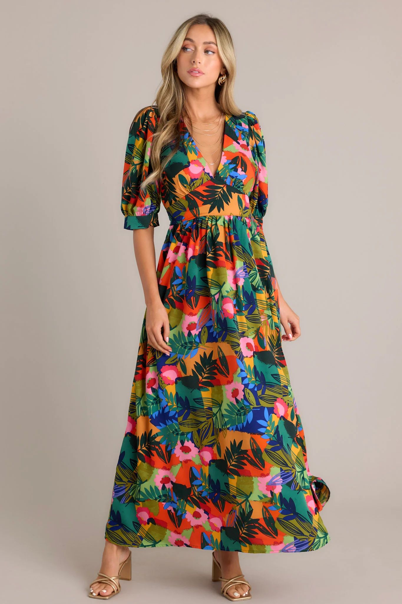 Lush Haven Green Multi Tropical Print Maxi Dress | Red Dress