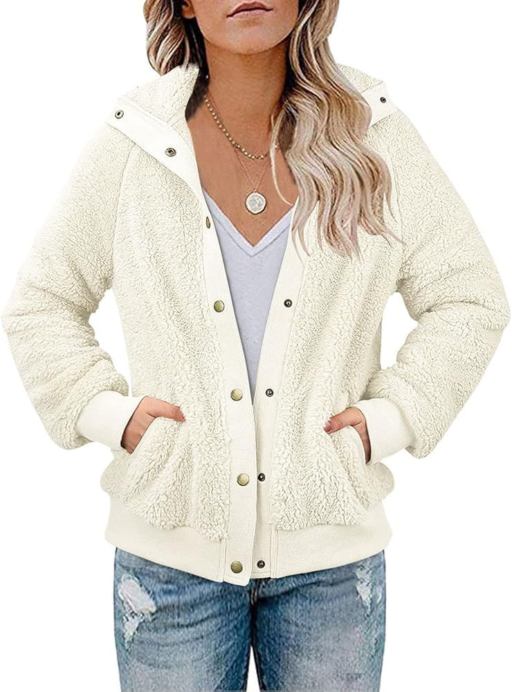 VTSGN Women's Winter Sherpa Fleece Jacket Button Fuzzy Faux Fur Teddy Bear Coat Lapel Outwear | Amazon (US)