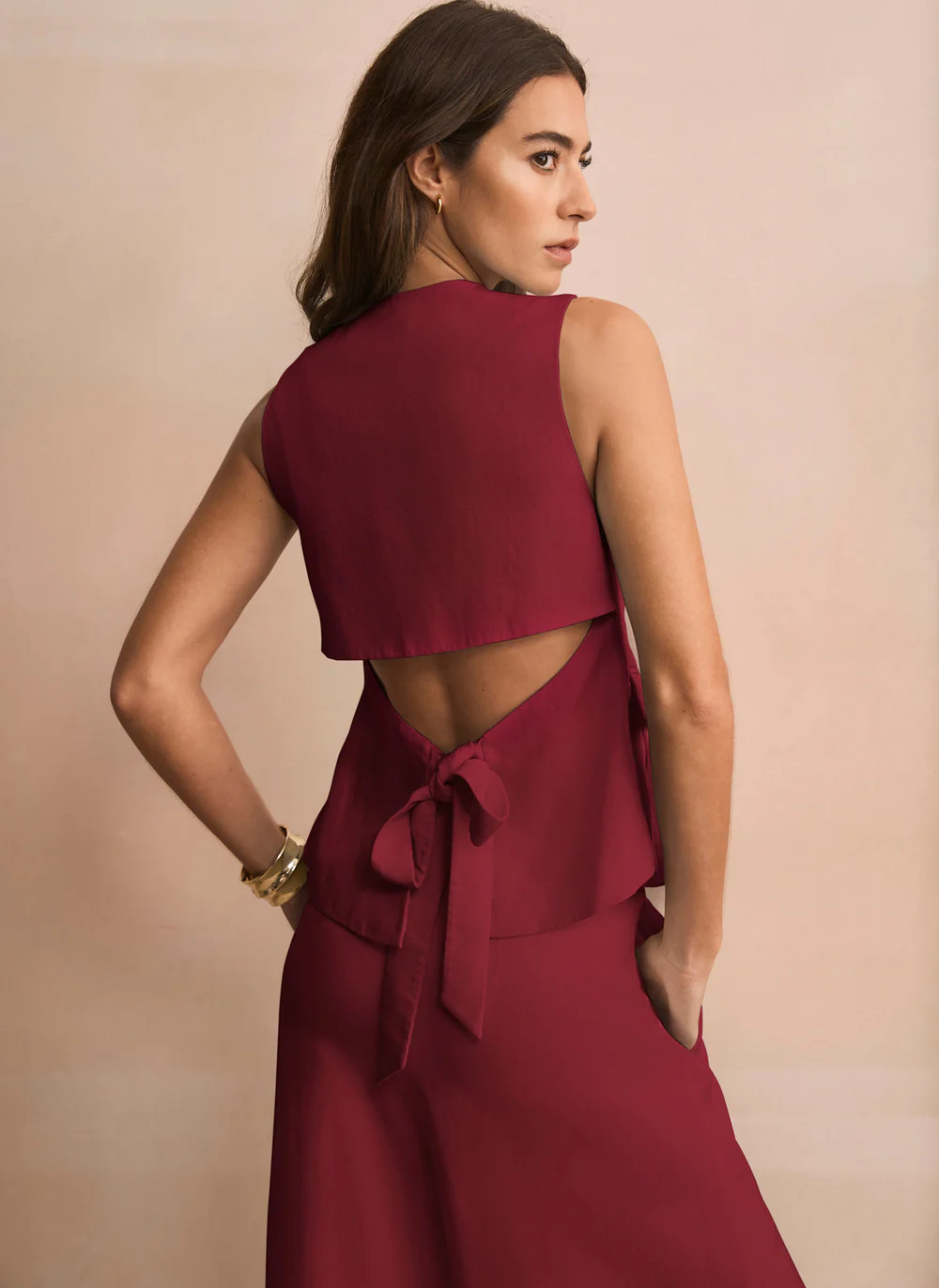Burgundy Tailored Tie Back Waistcoat | Mint Velvet