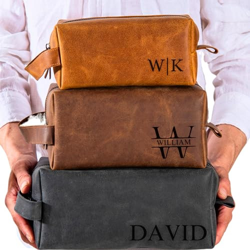 Personalized Leather Toiletry Bag for Men – Custom Shaving Dopp Kit with Name or Initial, Travel Gift for Groomsmen, Husband, Dad, Boyfriend, Birthday, Anniversary, Valentines Day Gifts for Men, Him | Amazon (US)