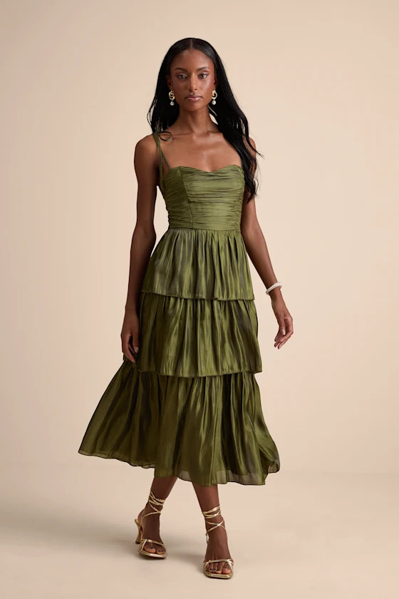 Tennon Olive Green Plisse Tiered Midi Dress | Lulus