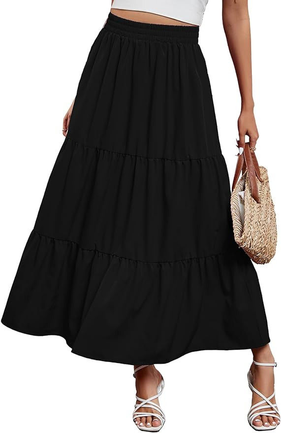 Arolina Maxi Skirt for Women Summer Boho Elastic High Waist Pleated A-Line Flowy Ruffle Swing Tie... | Amazon (US)