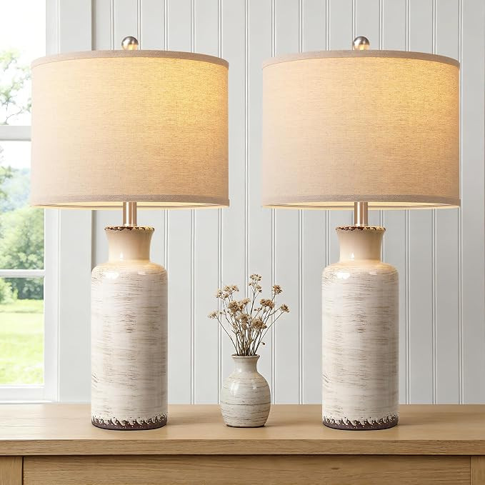 QiMH 25" Modern Lamps for Living Room, Unique Flowing Glazes Ceramic Table Lamp Set of 2 with Lin... | Amazon (US)