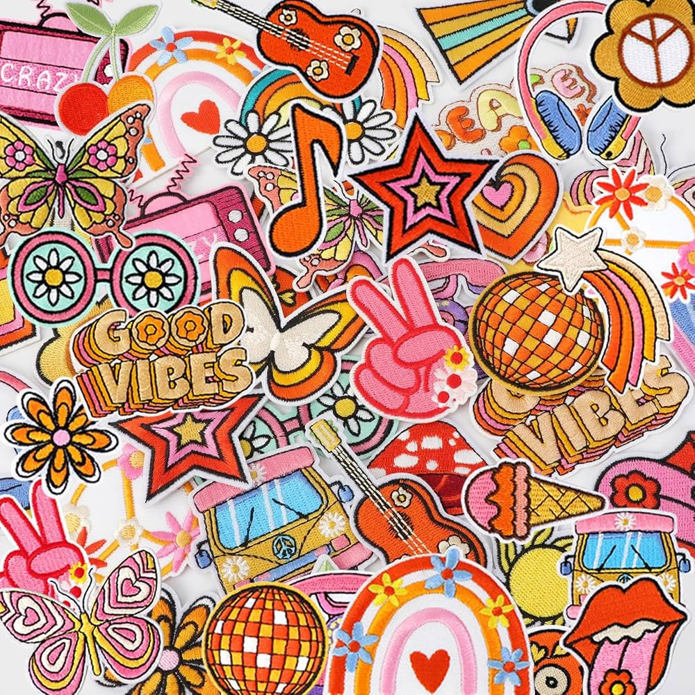 AUGSUN 60pcs Hippie Embroidered Patches Random Assorted Styles Hippie Theme Iron on Patches for G... | Amazon (US)