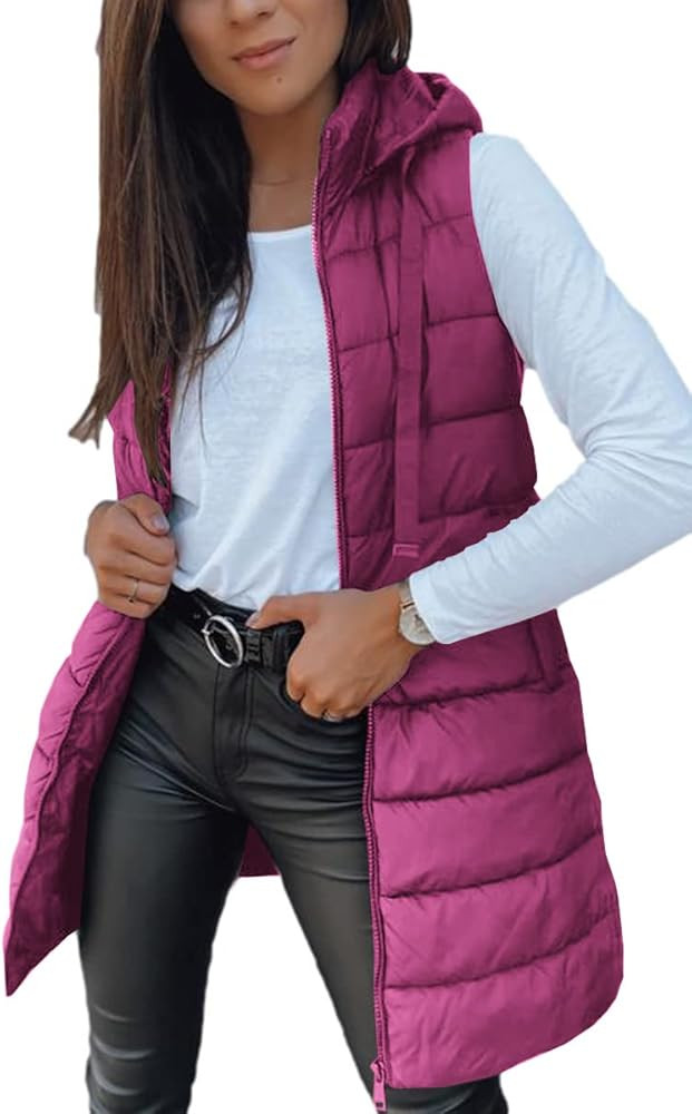 Veatzaer Women Long Vest Solid Color Sleeveless Hood Winter Puffer Vest Outwear | Amazon (US)