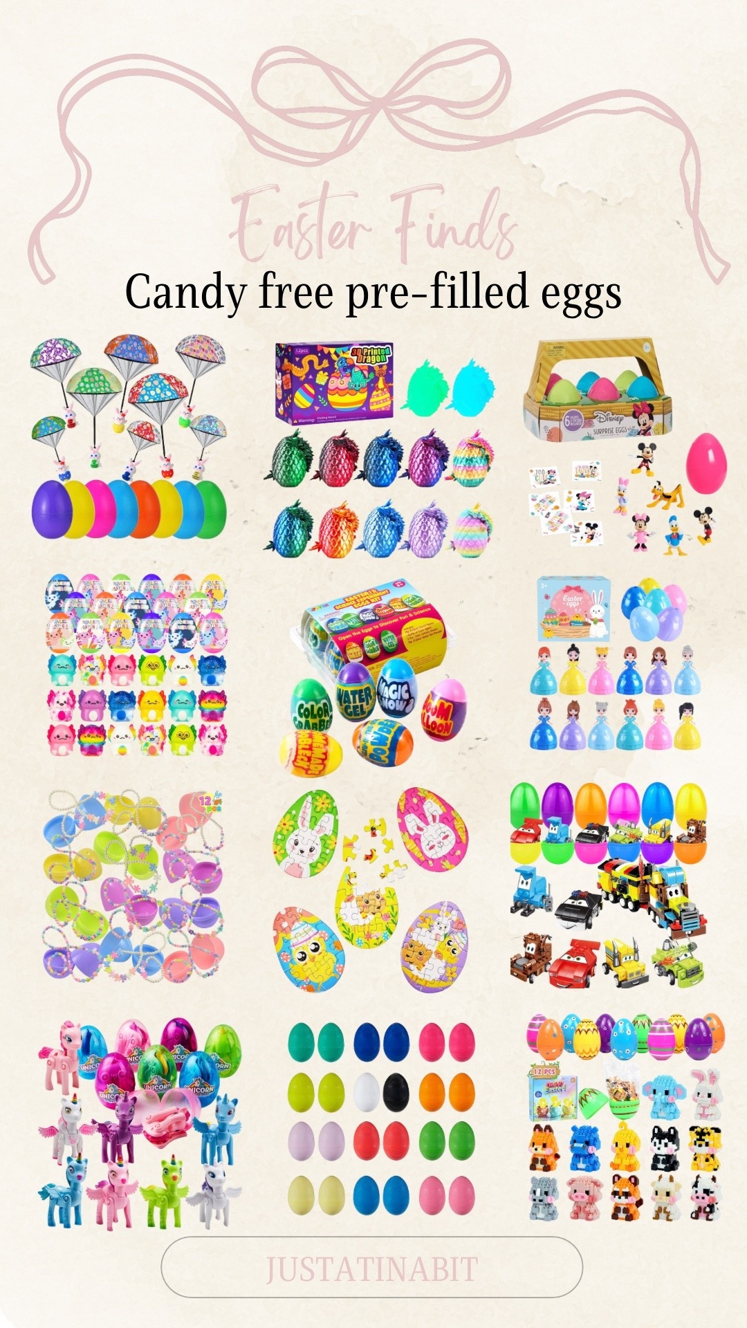 Easter Finds - Candy free pre-filled eggs! 

Slow squishy toys, easter basket stuffers, Disney Mickey mouse surprise eggs, parachute toys, puzzles, mini animal building blocks, dragon eggs, cars, unicorn toys, play-doh, jewelry toys science experiments toys

#LTKSeasonal #LTKKids