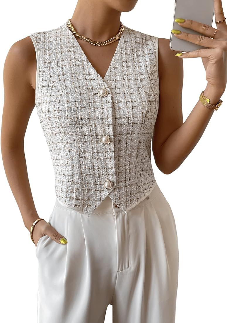 SweatyRocks Women's Elegant Plaid Print Sleeveless V Neck Button Down Blazer Vest Jacket | Amazon (US)