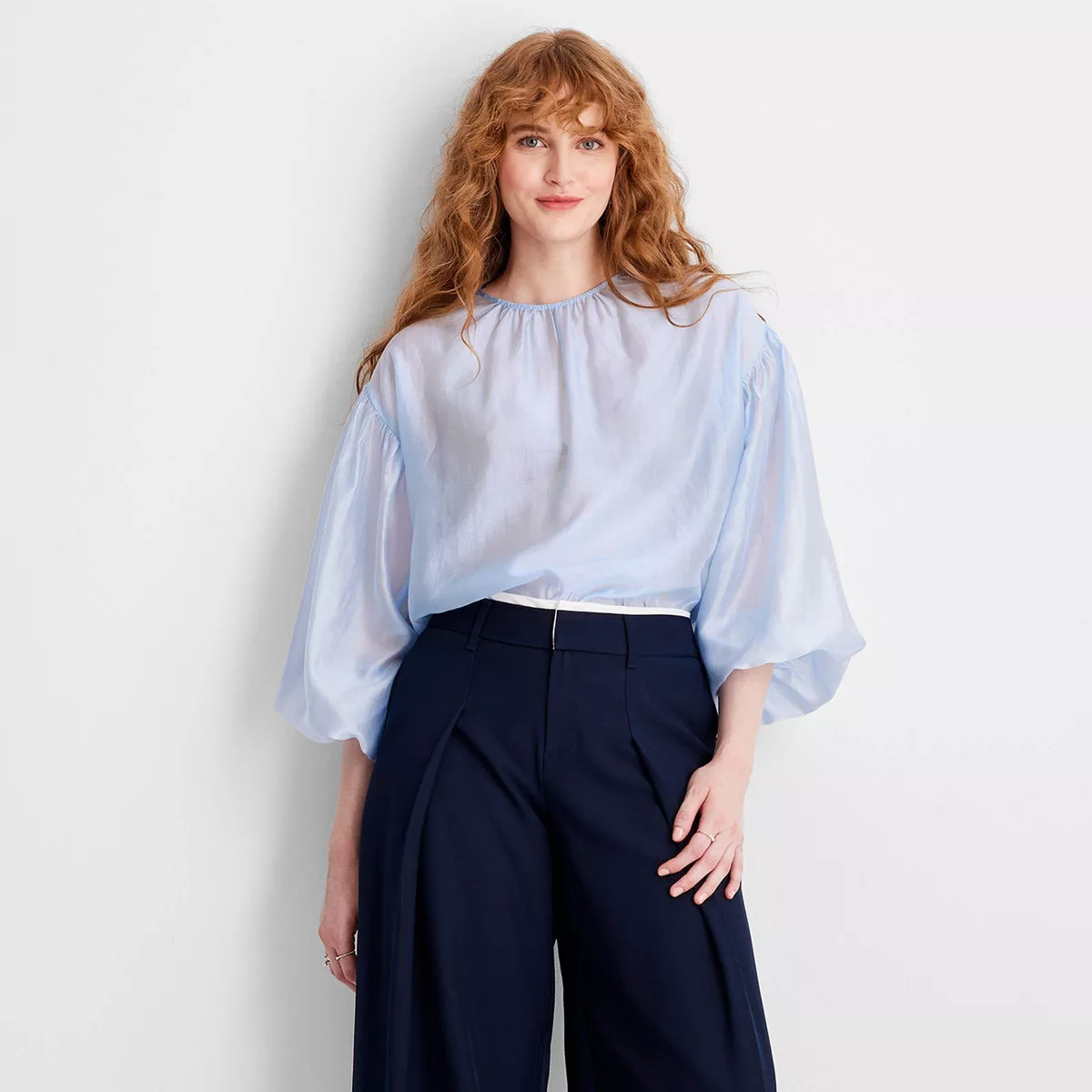 Women's Sheer Balloon Long Sleeve Blouse - Future Collective Light Blue XS | Target