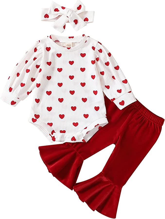 Tsnbre Newborn Baby Girl Valentines Day Outfit Heart Print Romper Tops Bell Bottom Pants Headband... | Amazon (US)