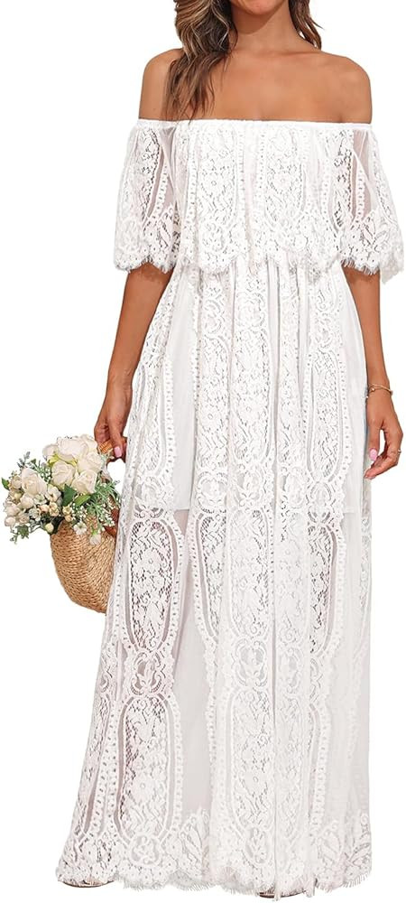 Holipick Women's Off Shoulder Lace Maxi Dress Boho Wedding Guest Bridesmaid Beach Formal Long Dre... | Amazon (US)