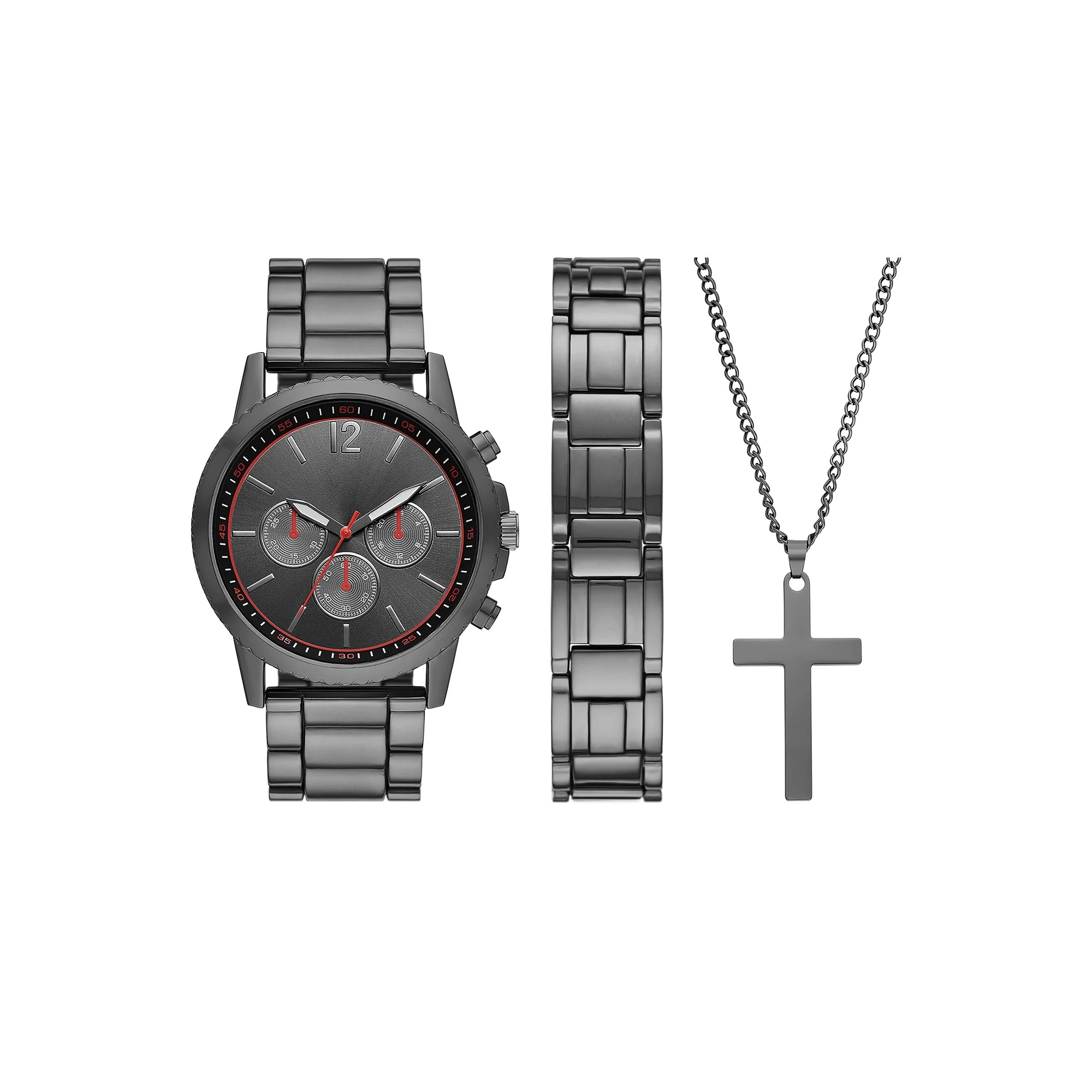 Folio Men's Gunmetal Tone Round Analog Bracelet Watch with Matching Bracelet and Cross Pendant Gi... | Walmart (US)