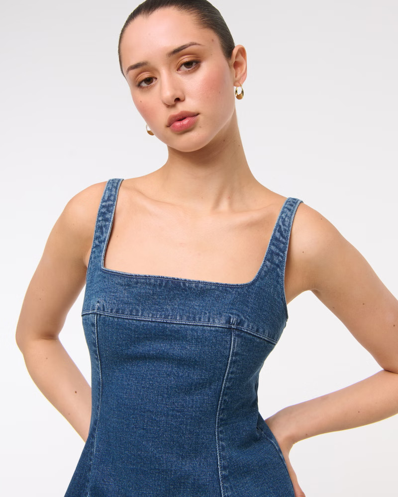 Squareneck Bubble Hem Denim Mini Dress | Abercrombie & Fitch (US)