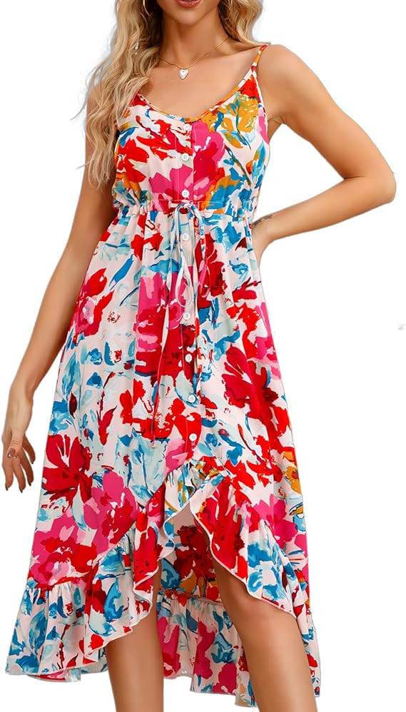 Women's Summer Casual Dresses Floral Spaghetti Strap V-Neck Sleeveless Button Down Flowy Midi Sun... | Amazon (US)