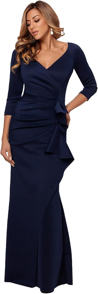 Xscape Women's Long 3/4 Sleeve V-Neck Side Ruched Gown (Reg and Petite) | Amazon (US)