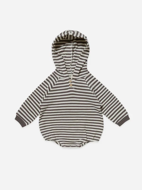 waffle hooded bubble romper | charcoal stripe | Quincy Mae