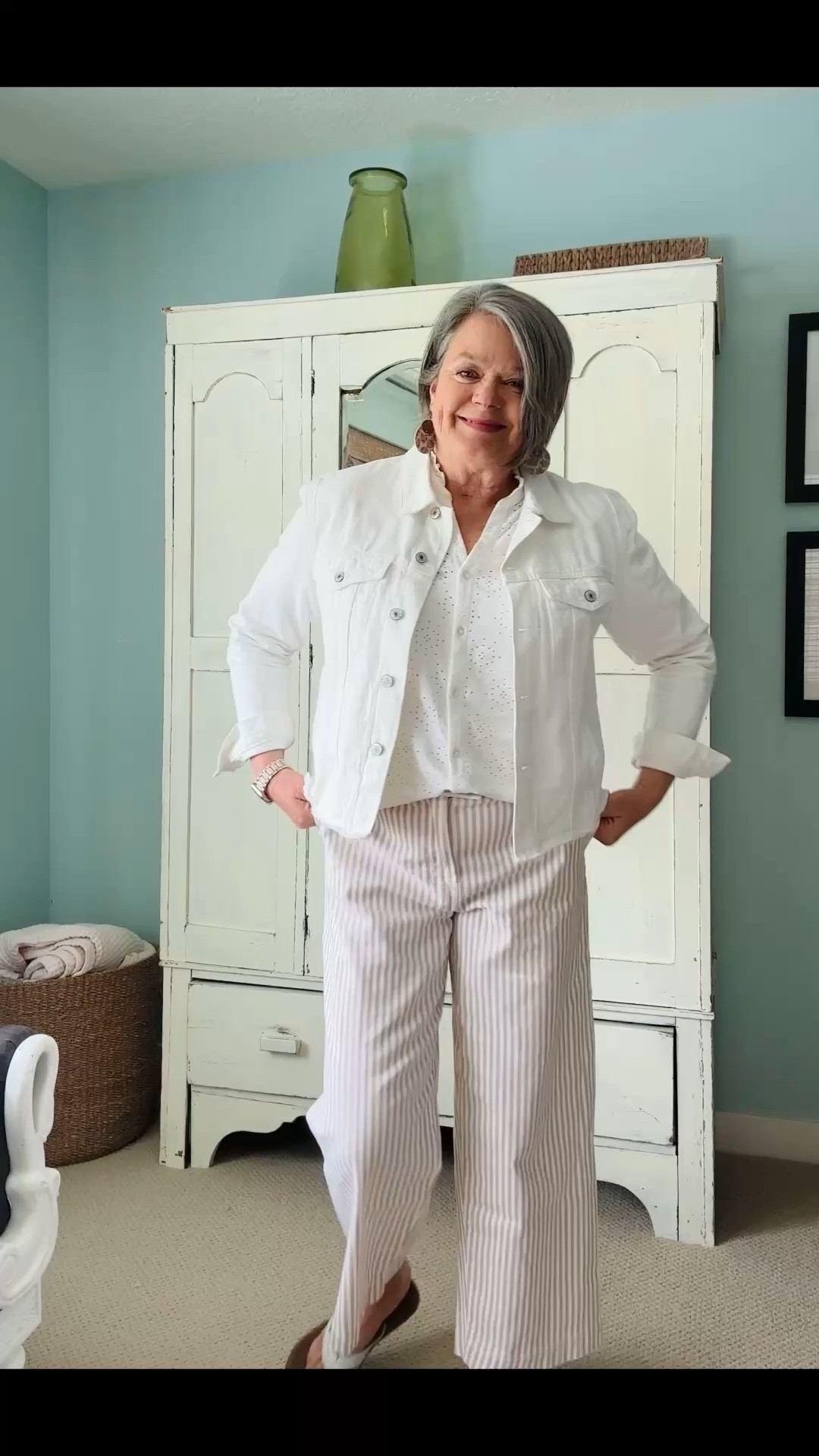 I am in love with these striped cropped pants from Stitch Fix with that lacy top that I keep wearing on repeat because it goes with everything! Then I just popped on a white denim jacket and some simple flip flop type sandals. I could wear a nicer sandal with a shirt heel to dress it up or sneakers to make it great for travel too! #fashionover50 

#LTKootd #LTKMidsize