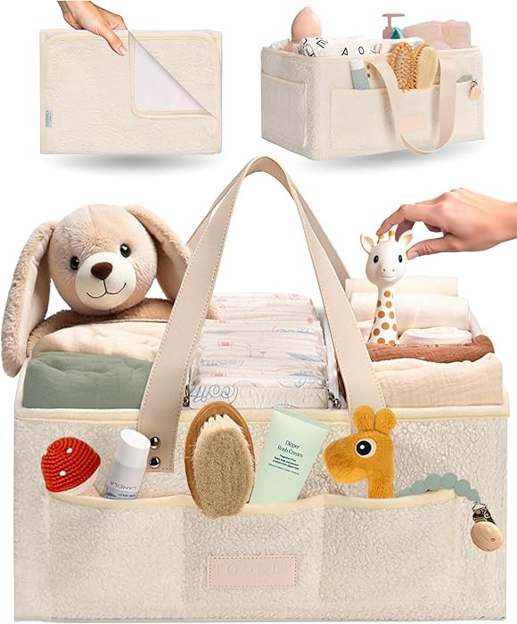 Baby Diaper Caddy Organizer with Portable Changing Mat - Teddy Fleece Diaper Organizer for Changi... | Amazon (US)