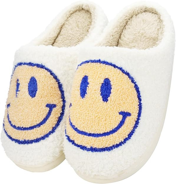 Retro smiley face soft plush comfy warm slip-on slippers | Amazon (US)