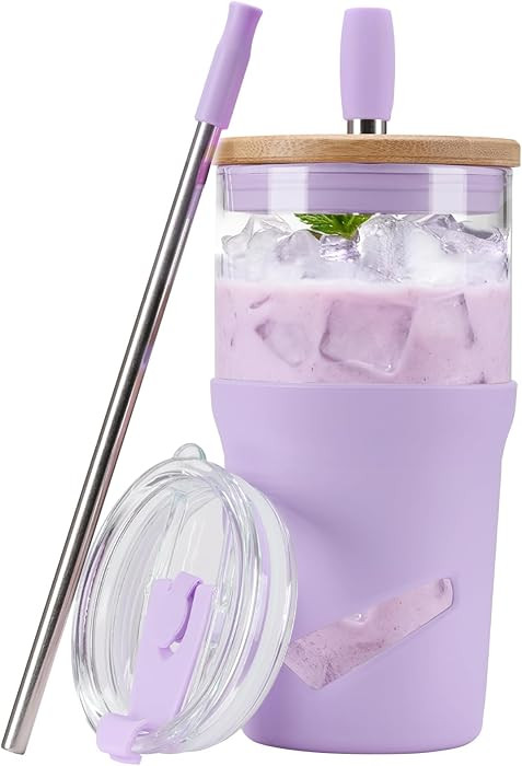 Glass Tumbler with Lids and Straws, 20 oz Iced Coffee Cup and Smoothie Cup with Bamboo Lid and On... | Amazon (US)