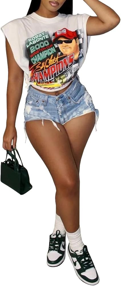 sedmoda Women Sexy Graphic T Shirts Loose Fit Sleeveless Side Open Letter Print Summer Tees Crop ... | Amazon (US)